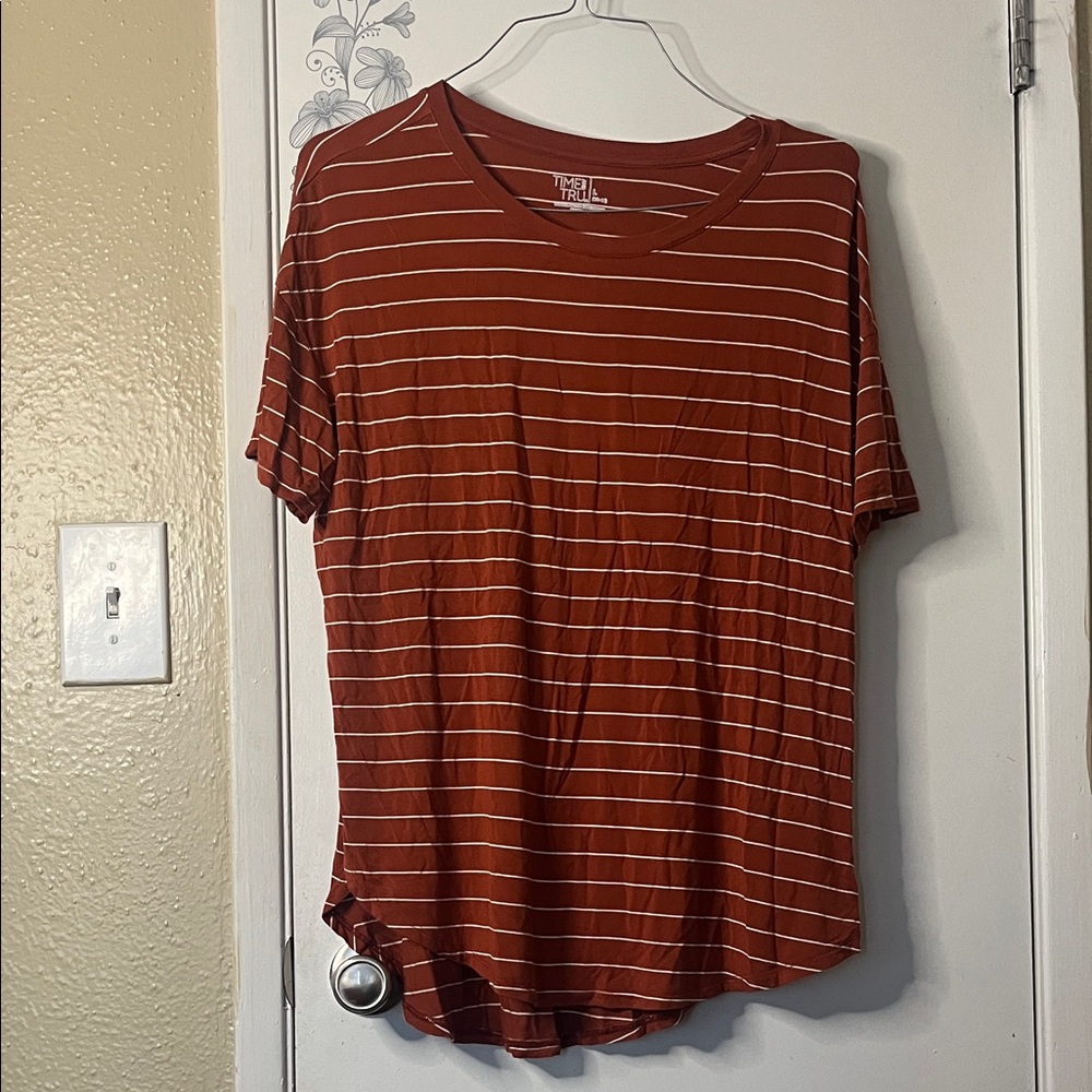 Time and Tru Rust and White Striped Tee